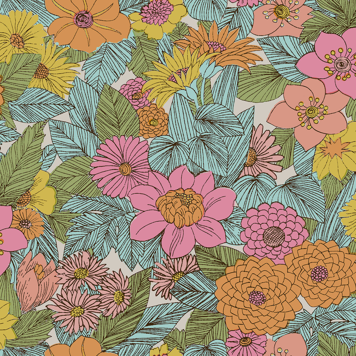 Retro Floral Pink and Aqua Peel and Stick Wallpaper by RoomMates Decor - RMWS1237
