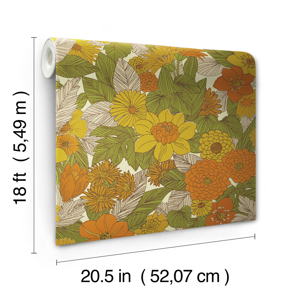 Retro Floral Yellow & Orange by RoomMates Peel and Stick Removable Wallpaper, Vintage Wildflower Print, 20.5-in x 18-ft Roll, 30.8 Sq Ft - RMWS1238