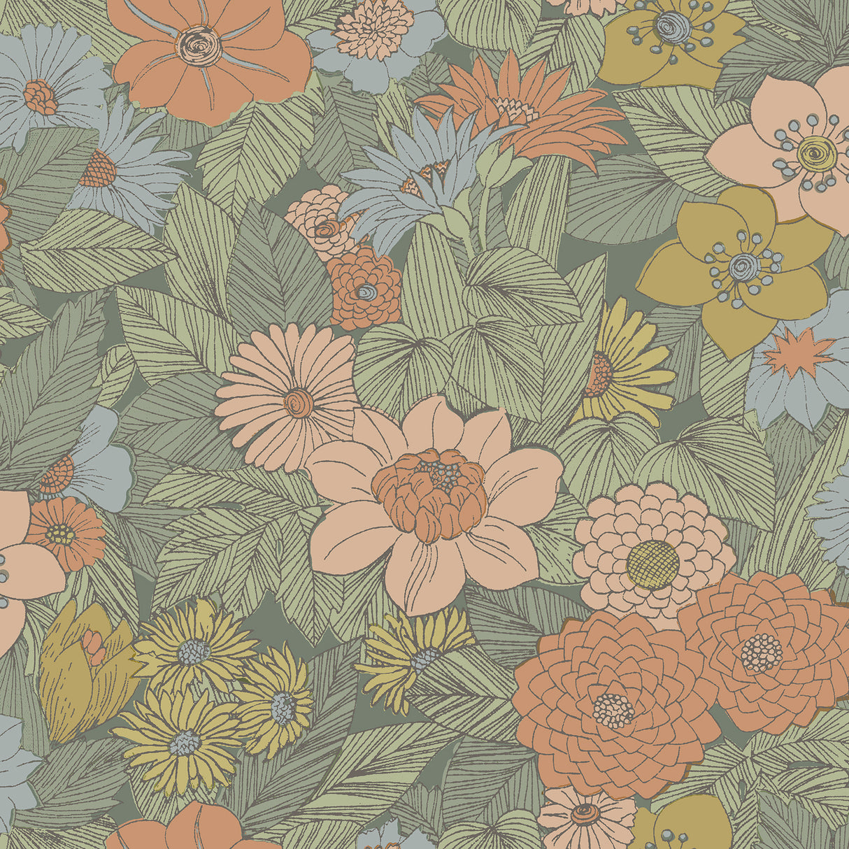Retro Floral Pink and Green Peel and Stick Wallpaper by RoomMates - RMWS1239
