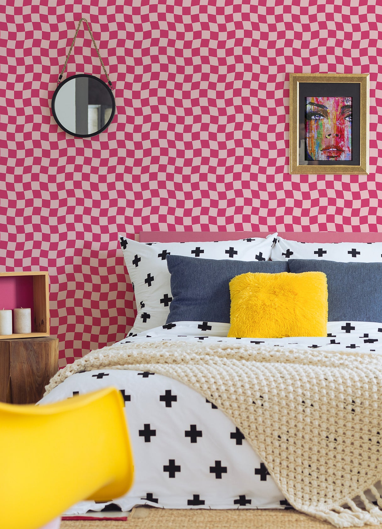 Groovy Checker Pink by RoomMates Removable Peel and Stick Vinyl Wallpaper Wavy Checkerboard Modern Graphics Pattern 20.5 in x 18 ft - RMWS1242