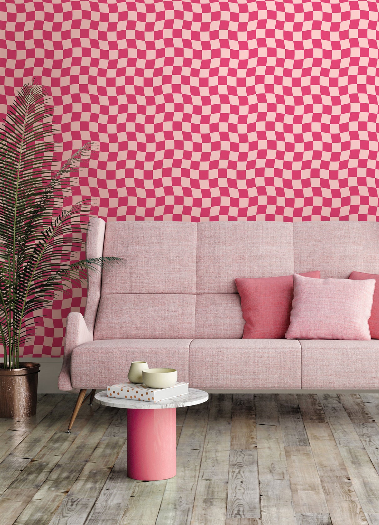 Groovy Checker Pink by RoomMates Removable Peel and Stick Vinyl Wallpaper Wavy Checkerboard Modern Graphics Pattern 20.5 in x 18 ft - RMWS1242