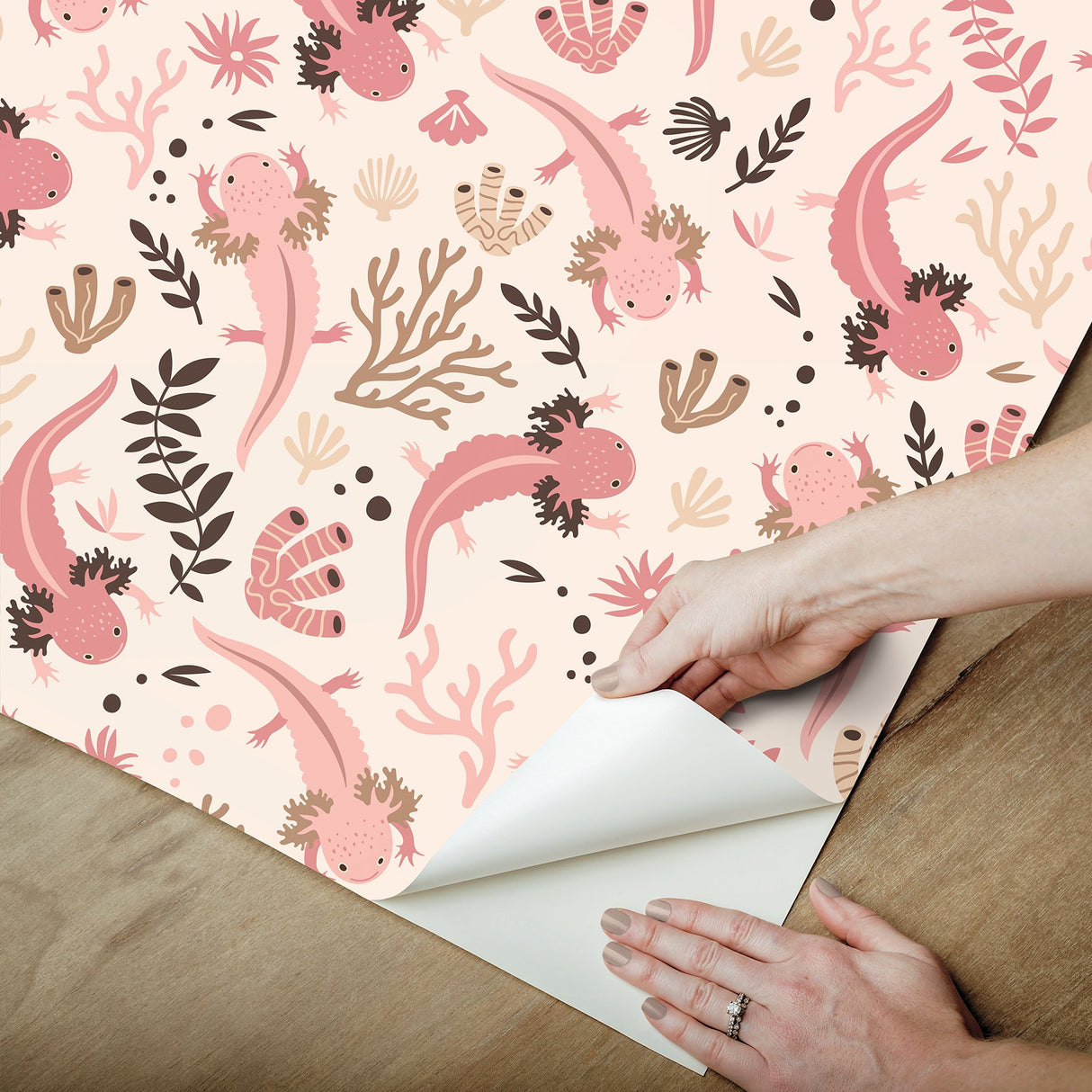 Axolotl Pink Underwater Garden Peel & Stick Wallpaper with Floral Animal Motif, Modern Style - York RMWS1247