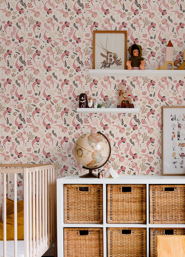 Axolotl Pink Underwater Garden Peel & Stick Wallpaper with Floral Animal Motif, Modern Style - York RMWS1247