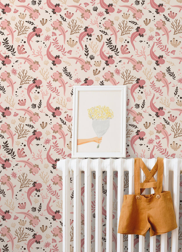 Axolotl Pink Underwater Garden Peel & Stick Wallpaper with Floral Animal Motif, Modern Style - York RMWS1247