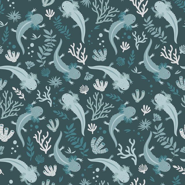 Axolotl Blue Underwater Garden Peel & Stick Wallpaper with Modern Animal Print Flowers Pattern - York RMWS1248