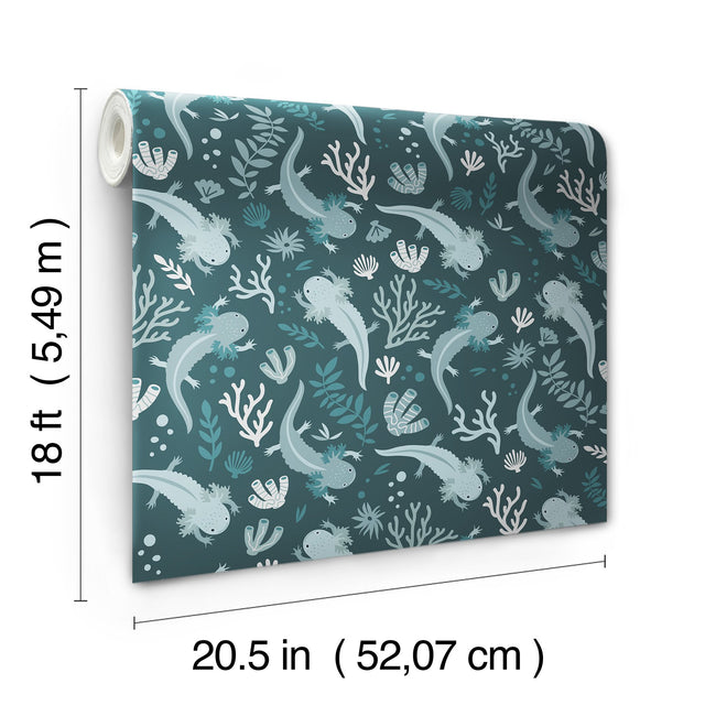 Axolotl Blue Underwater Garden Peel & Stick Wallpaper with Modern Animal Print Flowers Pattern - York RMWS1248