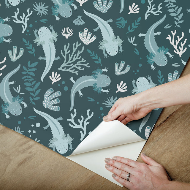 Axolotl Blue Underwater Garden Peel & Stick Wallpaper with Modern Animal Print Flowers Pattern - York RMWS1248