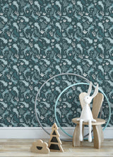 Axolotl Blue Underwater Garden Peel & Stick Wallpaper with Modern Animal Print Flowers Pattern - York RMWS1248