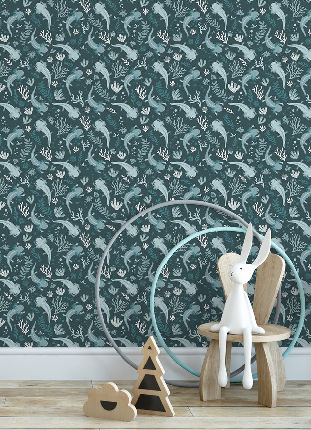 Axolotl Blue Underwater Garden Peel & Stick Wallpaper with Modern Animal Print Flowers Pattern - York RMWS1248