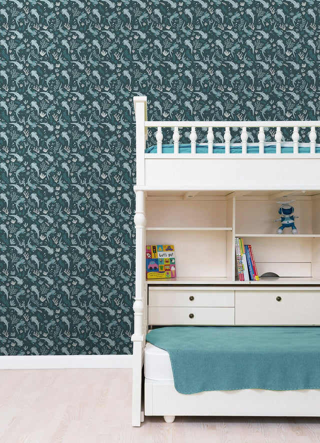 Axolotl Blue Underwater Garden Peel & Stick Wallpaper with Modern Animal Print Flowers Pattern - York RMWS1248
