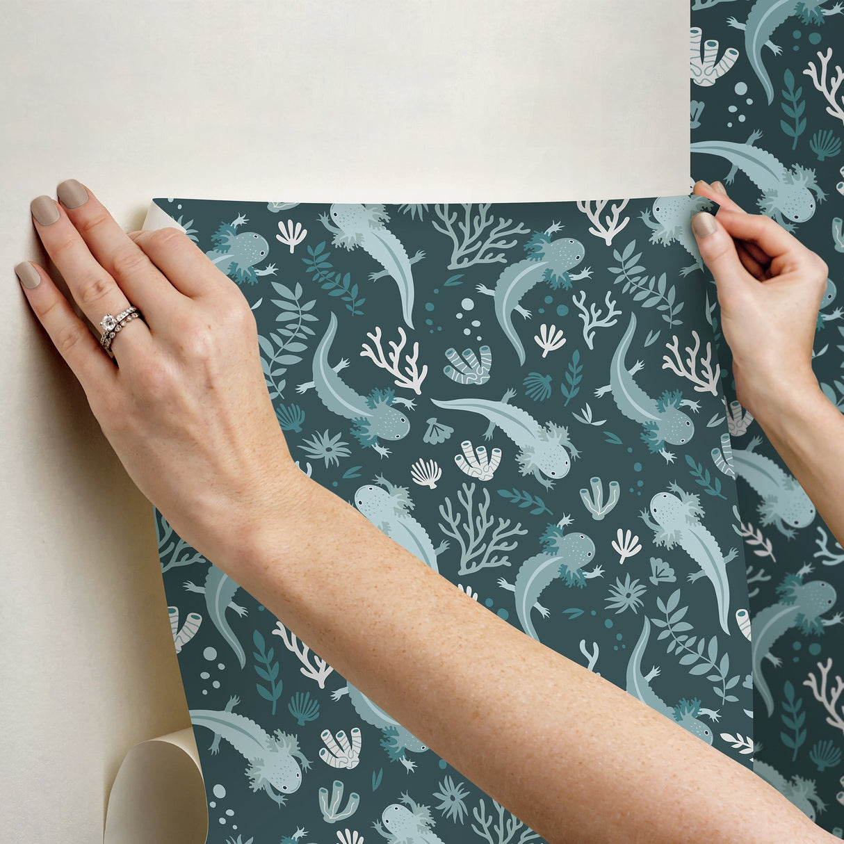 Axolotl Blue Underwater Garden Peel & Stick Wallpaper with Modern Animal Print Flowers Pattern - York RMWS1248