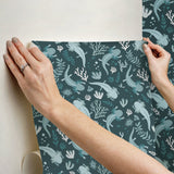 Axolotl Blue Underwater Garden Peel & Stick Wallpaper with Modern Animal Print Flowers Pattern - York RMWS1248