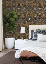 Mystic Serpent Black Gold by RoomMates Rebellious Gilded Serpent Damask Peel and Stick Wallpaper - RMWS1255