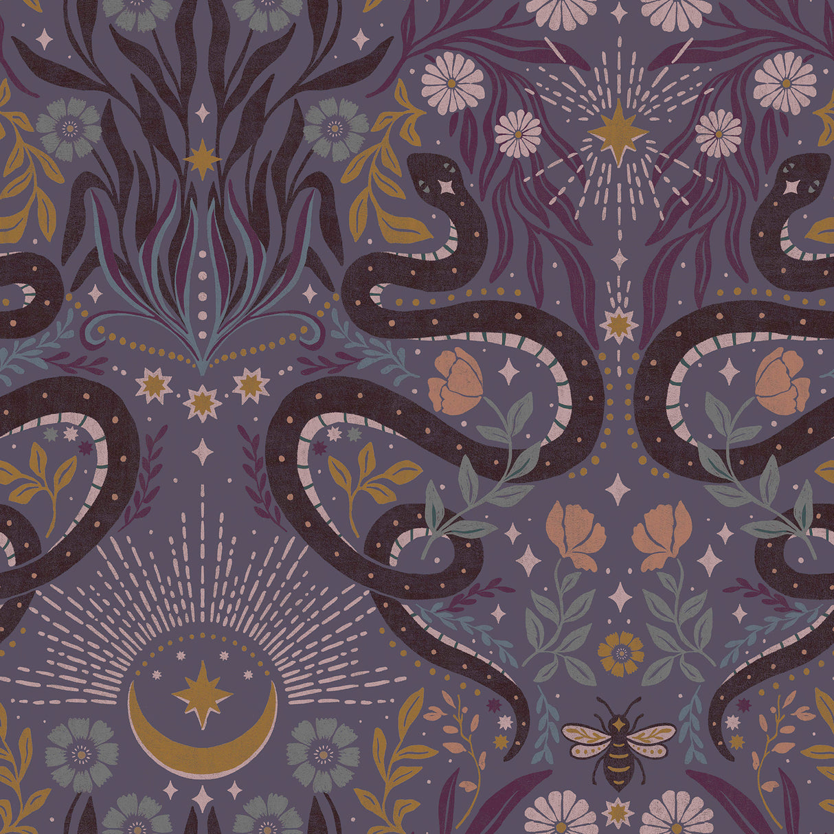Mystic Serpent Plum Peel and Stick Wallpaper by RoomMates featuring mystical serpents, botanical florals, moons, stars, and bees on a rich plum purple background