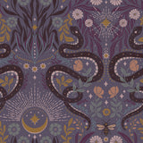 Mystic Serpent Plum Peel and Stick Wallpaper by RoomMates featuring mystical serpents, botanical florals, moons, stars, and bees on a rich plum purple background