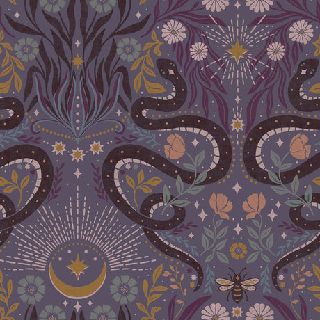 Mystic Serpent Plum Peel and Stick Wallpaper by RoomMates featuring mystical serpents, botanical florals, moons, stars, and bees on a rich plum purple background