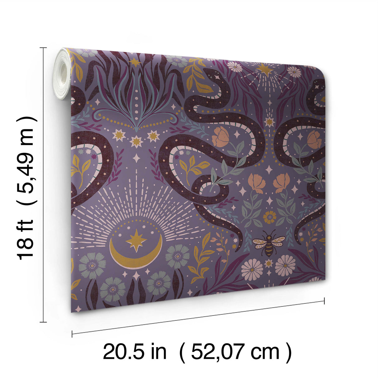 Mystic Serpent Plum by RoomMates Modern Mystical Purple Serpentine Damask Botanical Animal Peel and Stick Wallpaper - RMWS1256