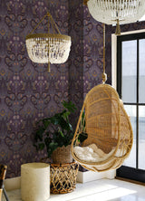 Mystic Serpent Plum by RoomMates Modern Mystical Purple Serpentine Damask Botanical Animal Peel and Stick Wallpaper - RMWS1256