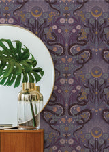 Mystic Serpent Plum by RoomMates Modern Mystical Purple Serpentine Damask Botanical Animal Peel and Stick Wallpaper - RMWS1256