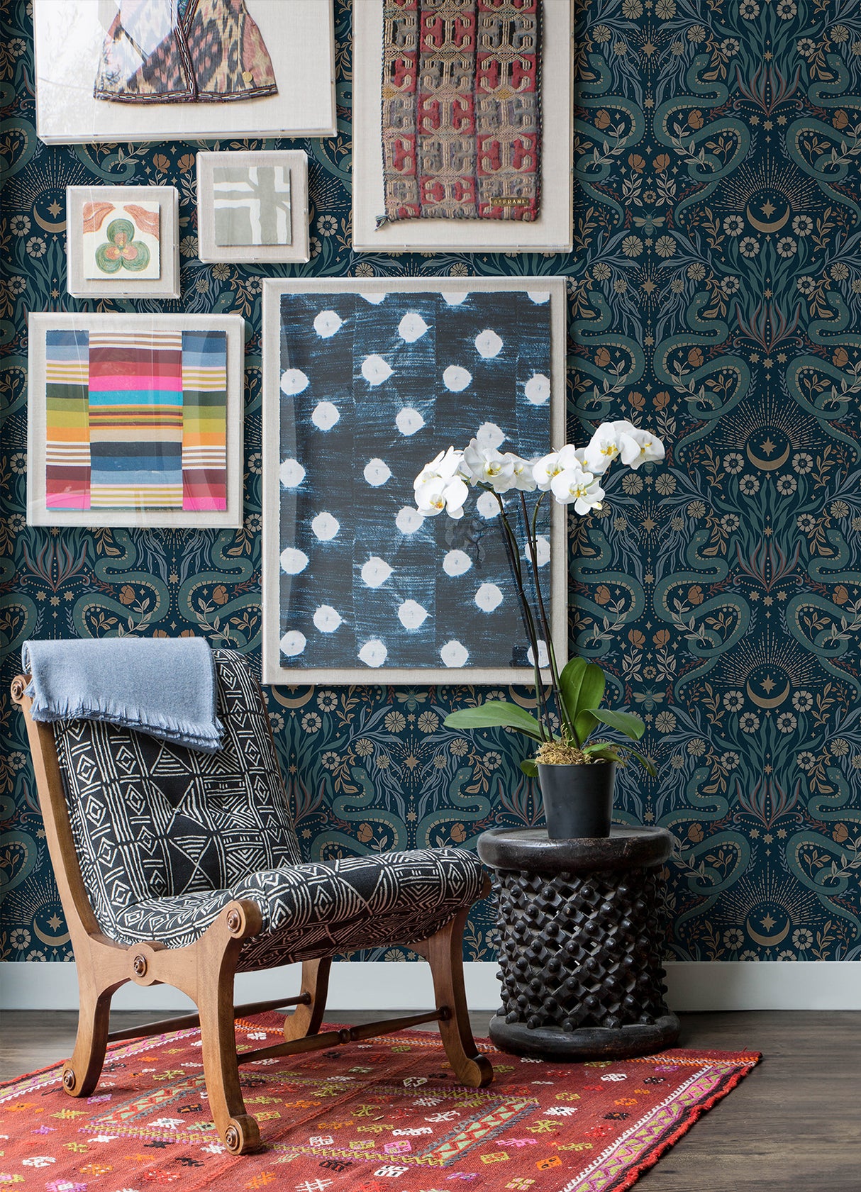 Mystic Serpent Navy by RoomMates Rebellious and Mystical Serpentine Damask Animal Print Peel and Stick Wallpaper for Modern Interiors - RMWS1257