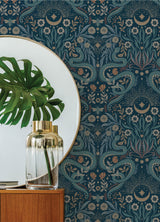 Mystic Serpent Navy by RoomMates Rebellious and Mystical Serpentine Damask Animal Print Peel and Stick Wallpaper for Modern Interiors - RMWS1257