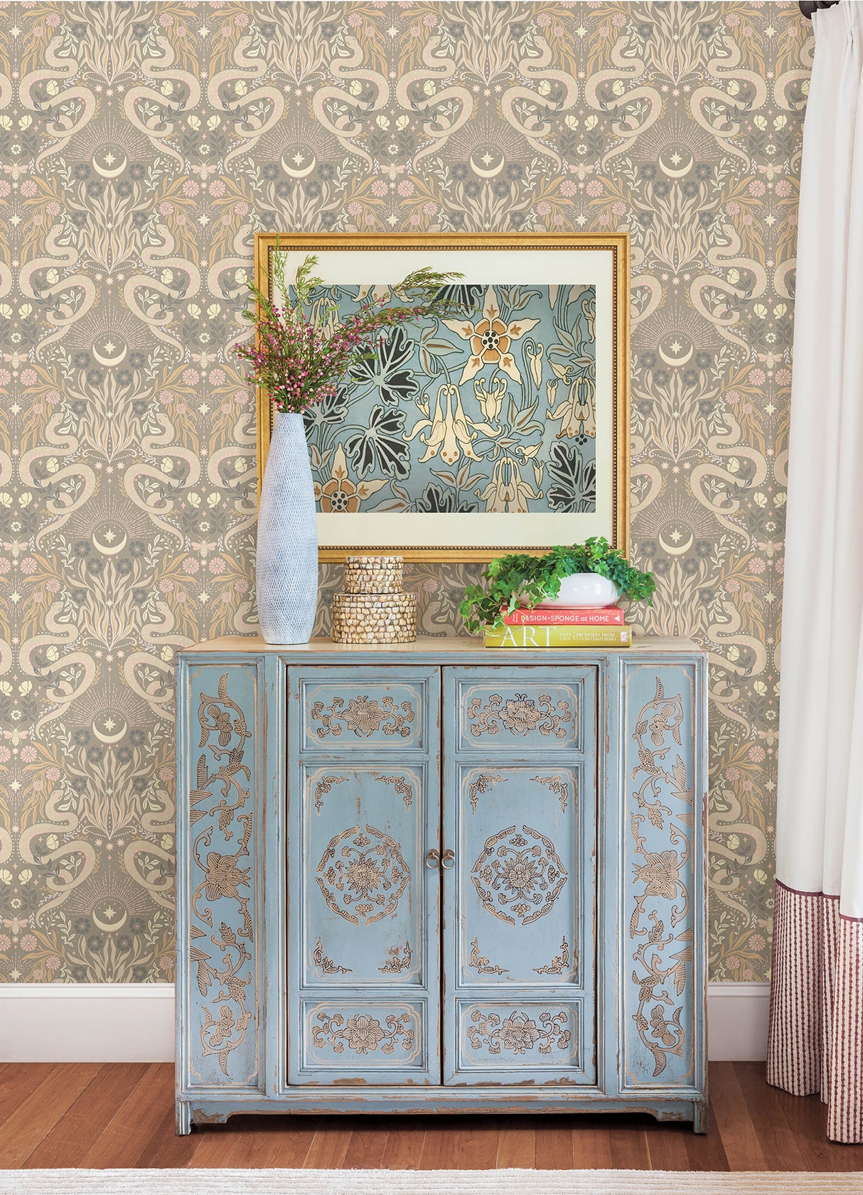 Mystic Serpent Taupe Peel and Stick Wallpaper by RoomMates Modern Serpentine Damask Botanical Removable Vinyl 20.5 In x 18 Ft RMWS1258