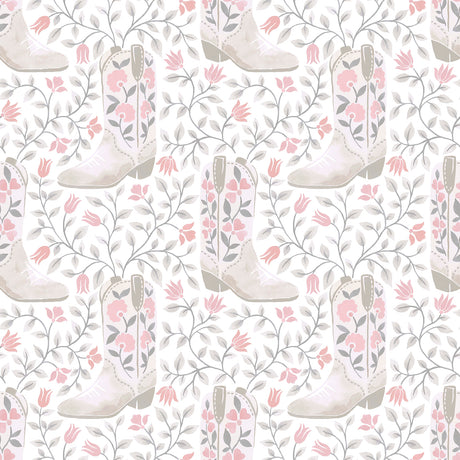 Cowgirl Like Me Pink Peel and Stick Wallpaper featuring pink and white floral cowboy boots by RoomMates - RMWS1259