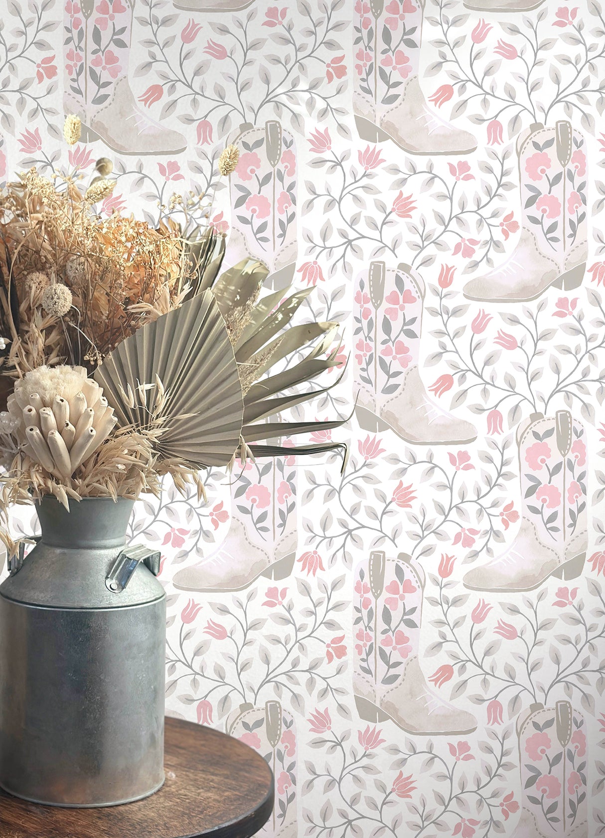 Cowgirl Like Me Pink by RoomMates Peel and Stick Pink and White Floral Cowboy Boot Country Style Botanical Fully Removable Vinyl Wallpaper - RMWS1259