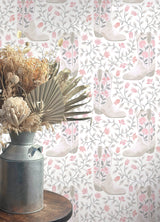 Cowgirl Like Me Pink by RoomMates Peel and Stick Pink and White Floral Cowboy Boot Country Style Botanical Fully Removable Vinyl Wallpaper - RMWS1259