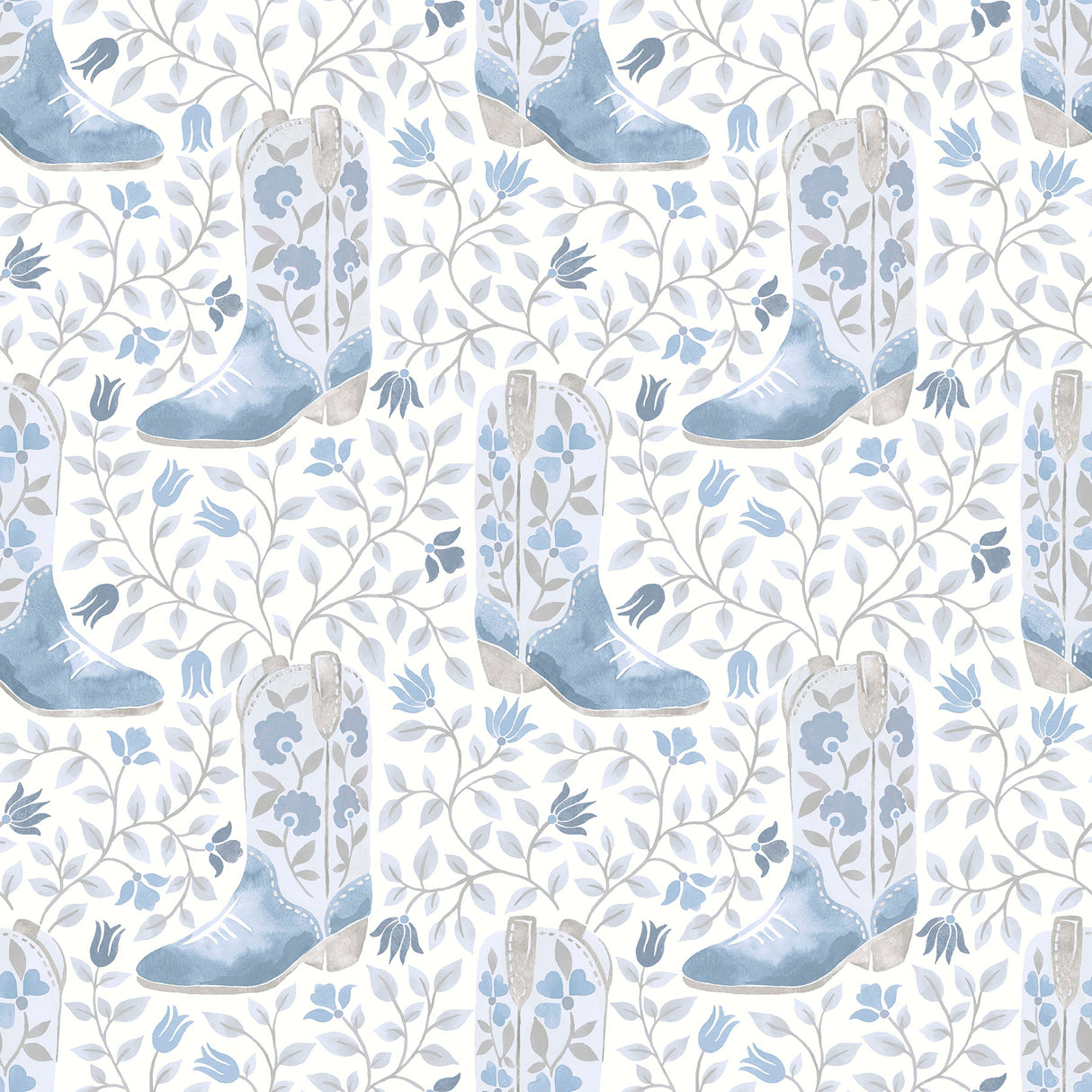 Cowgirl Like Me Blue Peel and Stick Wallpaper by RoomMates featuring watercolor cowboy boots and floral vines on a white background - RMWS1260