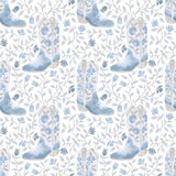 Cowgirl Like Me Blue Peel and Stick Wallpaper by RoomMates featuring watercolor cowboy boots and floral vines on a white background - RMWS1260