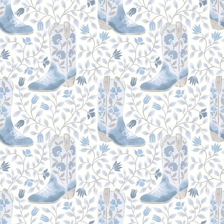 Cowgirl Like Me Blue Peel and Stick Wallpaper by RoomMates featuring watercolor cowboy boots and floral vines on a white background - RMWS1260