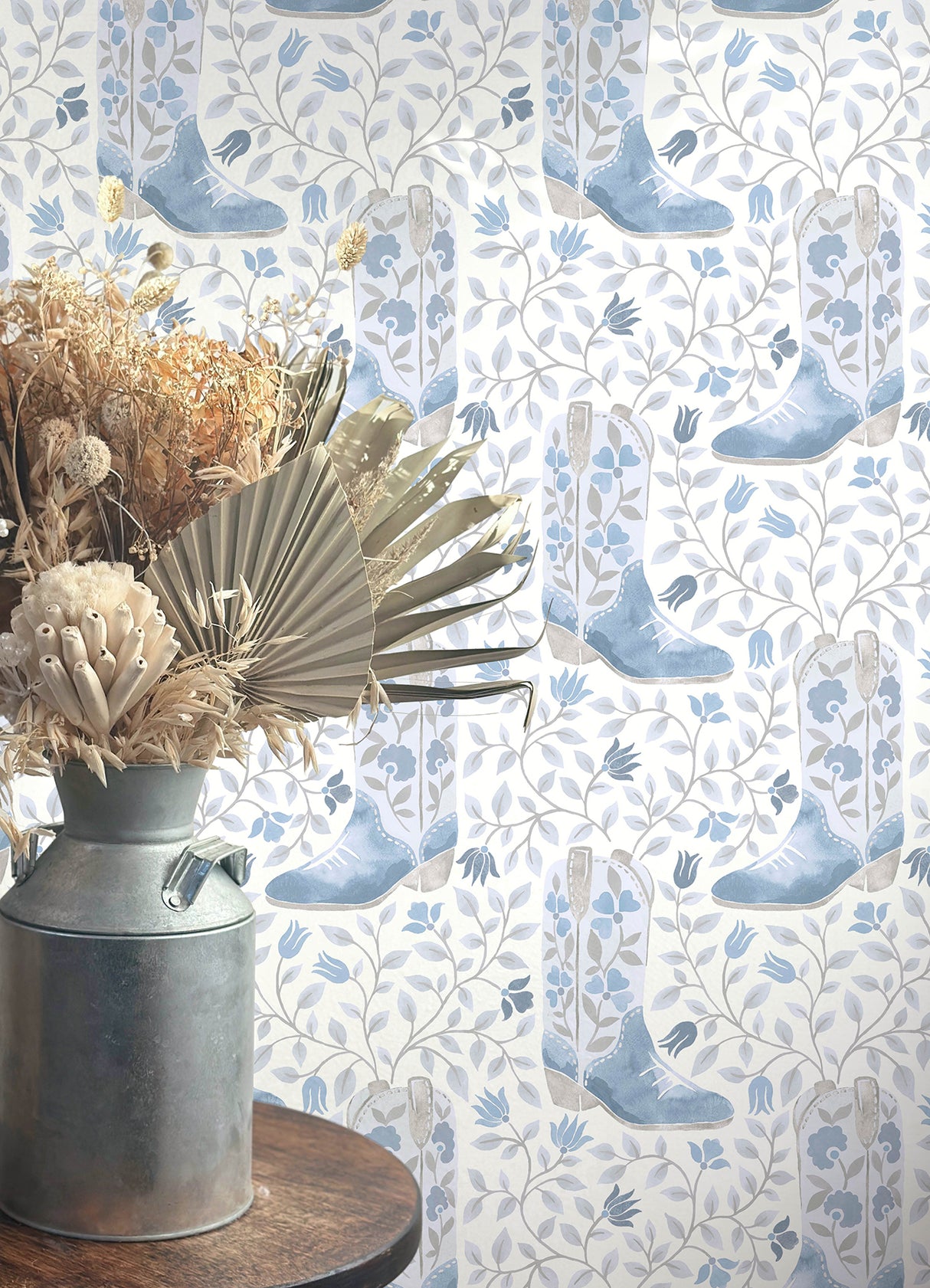 Cowgirl Like Me Blue by RoomMates Watercolor Cowboy Boots and Floral Botanical Vines Country Style Peel and Stick Wallpaper Roll - RMWS1260