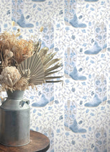 Cowgirl Like Me Blue by RoomMates Watercolor Cowboy Boots and Floral Botanical Vines Country Style Peel and Stick Wallpaper Roll - RMWS1260