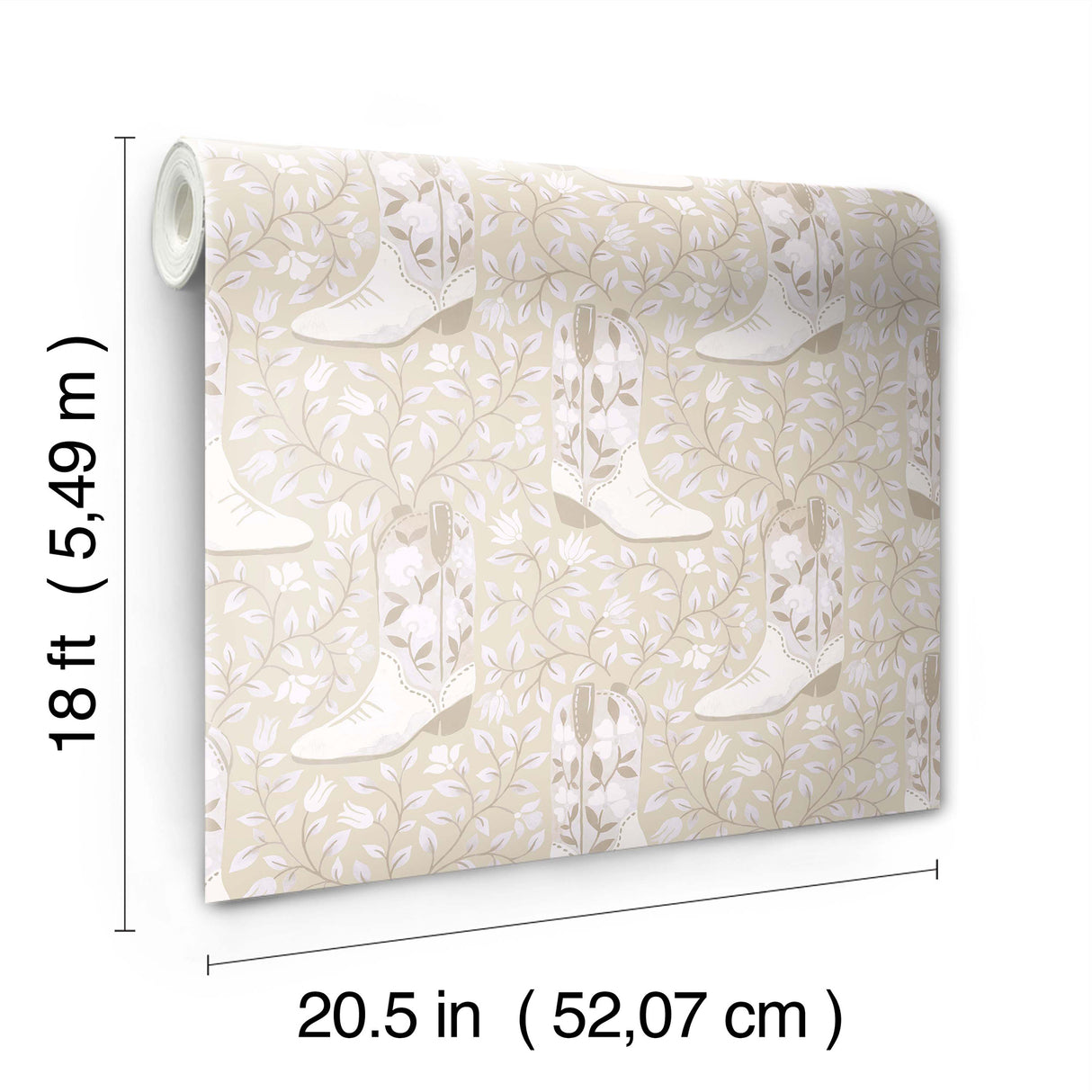 Cowgirl Like Me Beige Peel and Stick Wallpaper Featuring a Floral Cowboy Boot Country Chic Pattern in Neutral Tones by RoomMates - RMWS1261