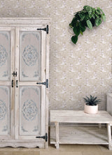 Cowgirl Like Me Beige Peel and Stick Wallpaper Featuring a Floral Cowboy Boot Country Chic Pattern in Neutral Tones by RoomMates - RMWS1261