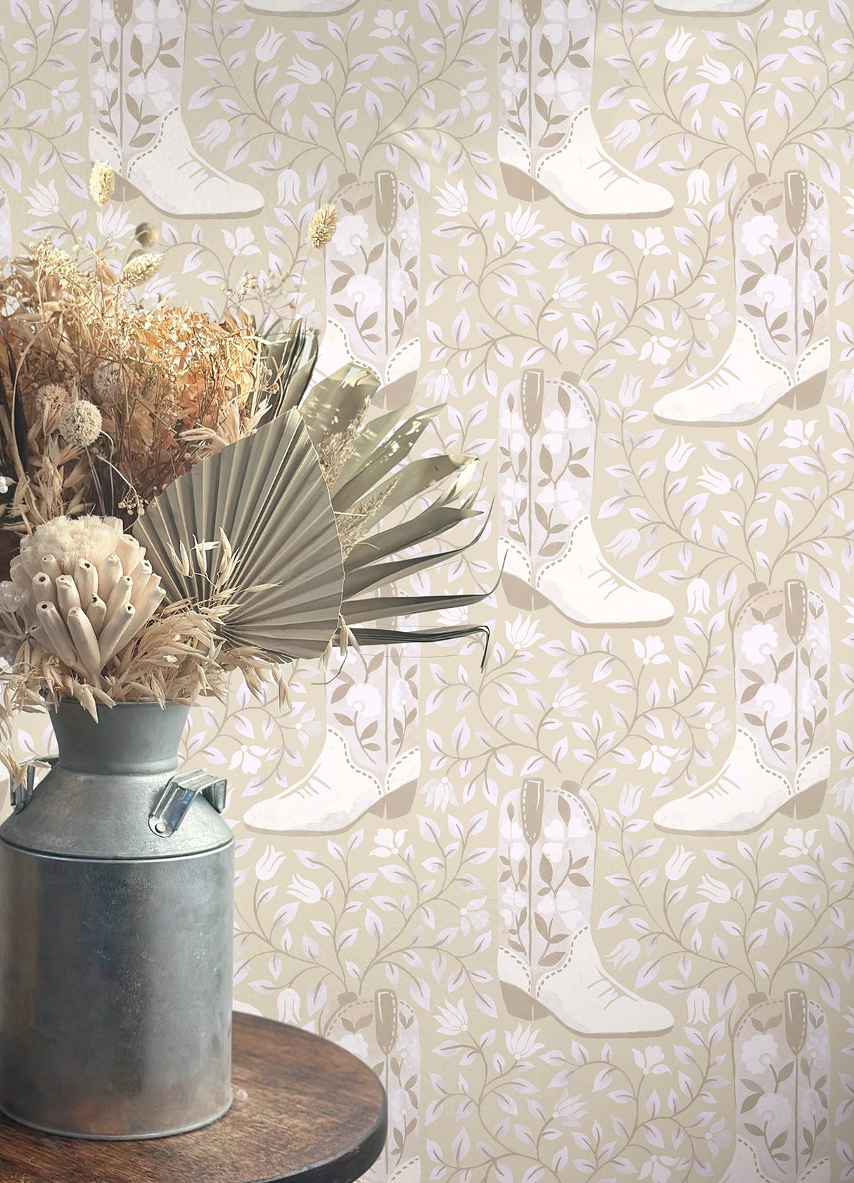 Cowgirl Like Me Beige Peel and Stick Wallpaper Featuring a Floral Cowboy Boot Country Chic Pattern in Neutral Tones by RoomMates - RMWS1261