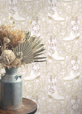 Cowgirl Like Me Beige Peel and Stick Wallpaper Featuring a Floral Cowboy Boot Country Chic Pattern in Neutral Tones by RoomMates - RMWS1261