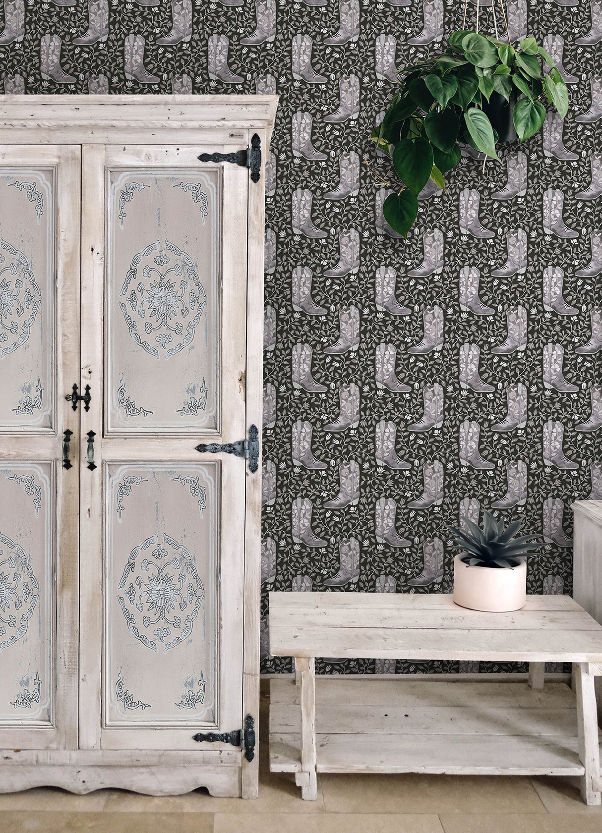 Cowgirl Like Me Black by RoomMates Peel and Stick Country Style Floral Embroidered Cowboy Boot Botanical Wallpaper Roll - RMWS1264