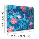 Disney Stitch Tropical Flowers Blue Officially Licensed Kids Tropical Floral Peel and Stick Wallpaper by RoomMates - RMWS1265