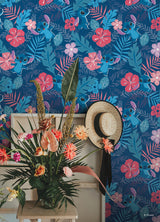 Disney Stitch Tropical Flowers Blue Officially Licensed Kids Tropical Floral Peel and Stick Wallpaper by RoomMates - RMWS1265