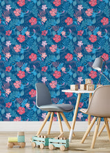 Disney Stitch Tropical Flowers Blue Officially Licensed Kids Tropical Floral Peel and Stick Wallpaper by RoomMates - RMWS1265