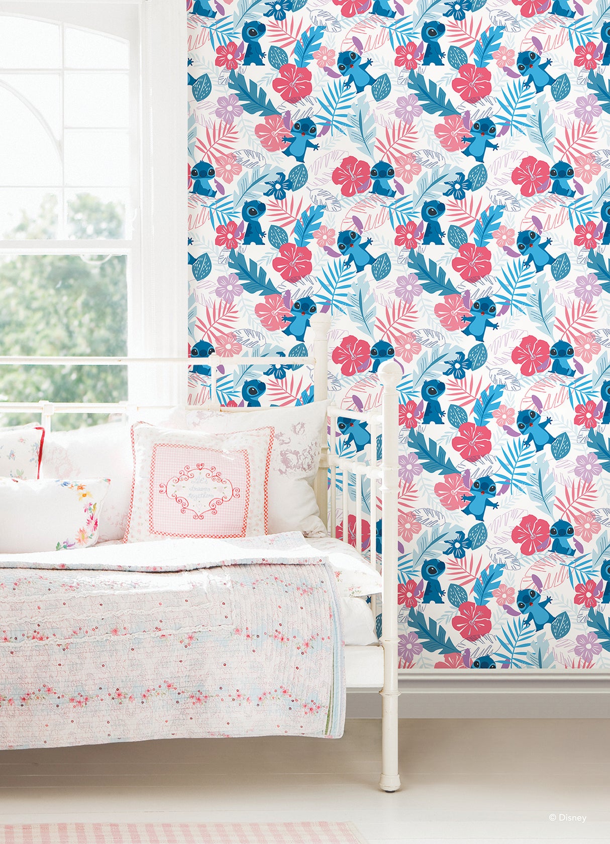 Disney Stitch Tropical Flowers Pink by RoomMates Officially Licensed Kids Island Tropical Hibiscus Floral Peel and Stick Wallpaper RMWS1266