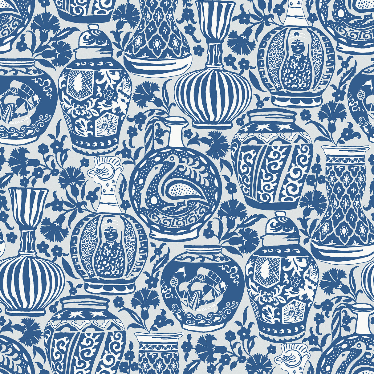 Delft Pottery Blue Peel and Stick Wallpaper by RoomMates featuring blue and white delft pottery-inspired design on a white background
