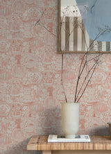 Delft Pottery Peach Peel and Stick Wallpaper Pink White Artful Porcelain Vase Global Modern Fully Removable Vinyl Wallpaper RoomMates - RMWS1275