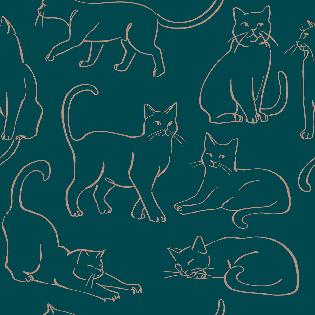 Cat Poses Emerald Peel and Stick Wallpaper by RoomMates RMWS1276 - Whimsical green and pink feline line art pattern