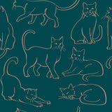 Cat Poses Emerald Peel and Stick Wallpaper by RoomMates RMWS1276 - Whimsical green and pink feline line art pattern