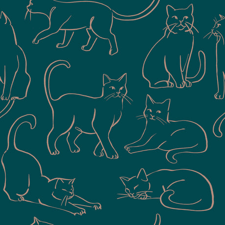 Cat Poses Emerald Peel and Stick Wallpaper by RoomMates RMWS1276 - Whimsical green and pink feline line art pattern