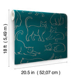 Cat Poses Emerald by RoomMates Whimsical Green and Pink Feline Line Art Novelty Animal Peel and Stick Wallpaper Roll 20.5 in x 18 ft - RMWS1276
