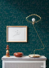 Cat Poses Emerald by RoomMates Whimsical Green and Pink Feline Line Art Novelty Animal Peel and Stick Wallpaper Roll 20.5 in x 18 ft - RMWS1276
